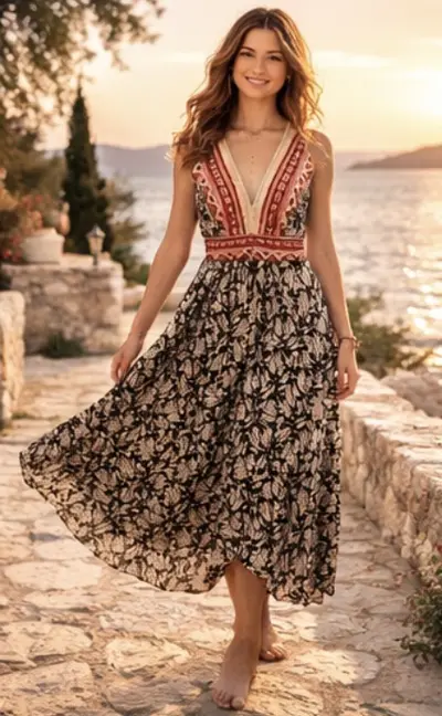 Kalista - ljetna duga boho haljina od 100% pamuka s V izrezom i bordurom